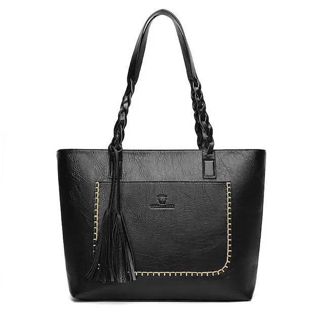 Women's Tote Shoulder Bag Tote PU Leather Office Daily Going out Tassel Large Capacity Solid Color Black Red Light Brown
