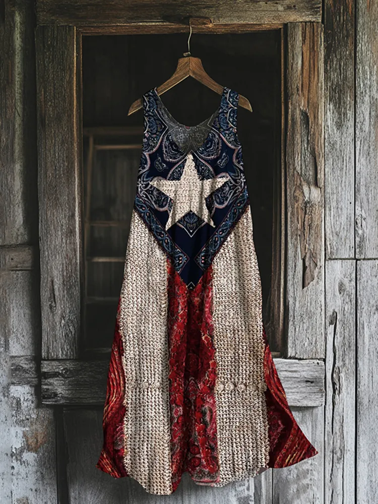 Women's Independence Day Flag Print Cotton And Linen Dress