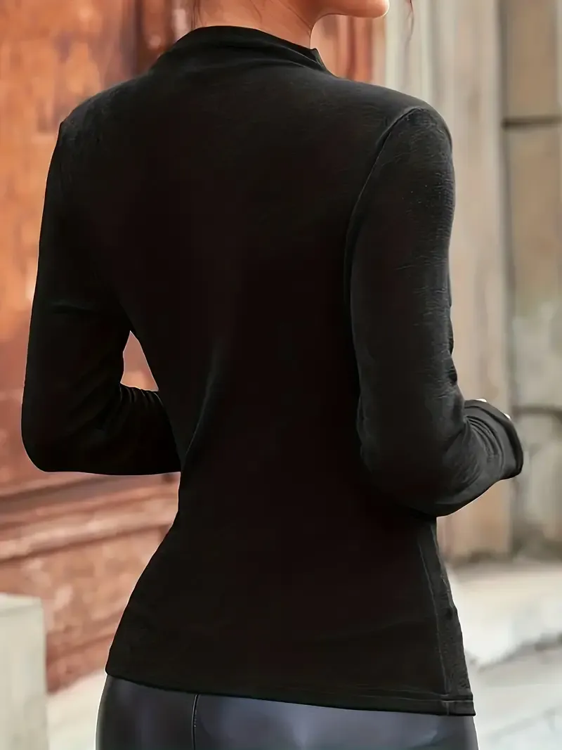 Chic Fall/Winter Ruched Mock Neck Top - Slim Fit, Long Sleeve, Solid Color, Stretchy Polyester Blend, Machine Washable