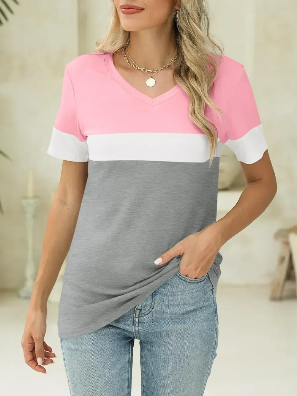 ORANDESIGNE Women's Color Block Short Sleeve T Shirts Casual V Neck Summer Tops Tees Loose Fit Blouses