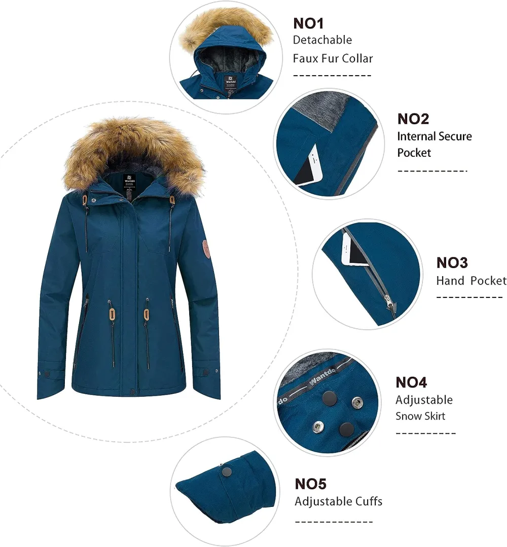 Women's Waterproof Ski Jacket Hooded Winter Snow Coat Mountain Snowboarding Jackets Insulated Fleece Parka