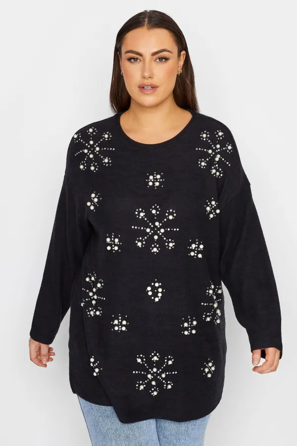 YOURS LUXURY Curve Black Stud & Pearl Embellished Sweatshirt
