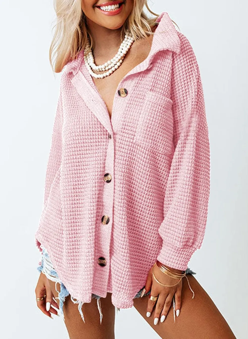 Womens Waffle Knit Button Down Shirts Casual Long Sleeve Shacket Jacket Boyfriend Tops Blouses Loose Fit