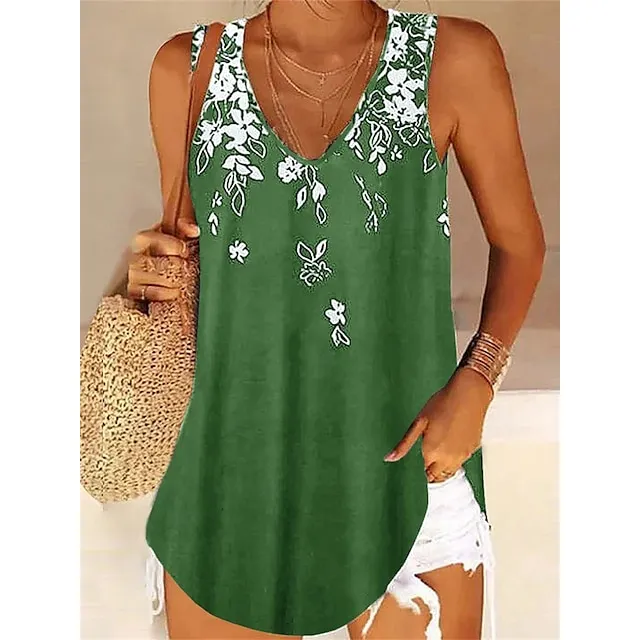 Women's Tank Top Camis Pink Blue Sky Blue Floral Print Sleeveless Casual V Neck Regular Fit Floral