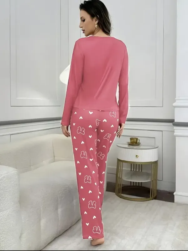 Leisure Women's Pajama Set, 2pcs Set with Long-sleeved Top with Bow and Letter Print and Long Pants with Print