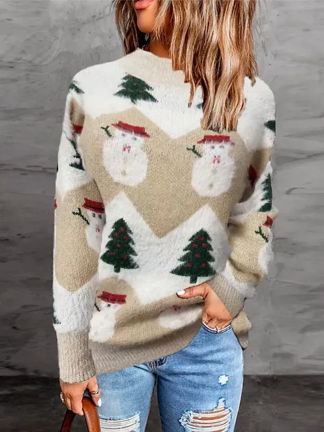 Women's Ugly Christmas Sweater Pullover Sweater Jumper Crew Neck Ribbed Knit Polyester Knitted Fall Winter Tunic Outdoor Christmas New Year Stylish Casual Soft Long Sleeve Snowman Xmas Tree Pink