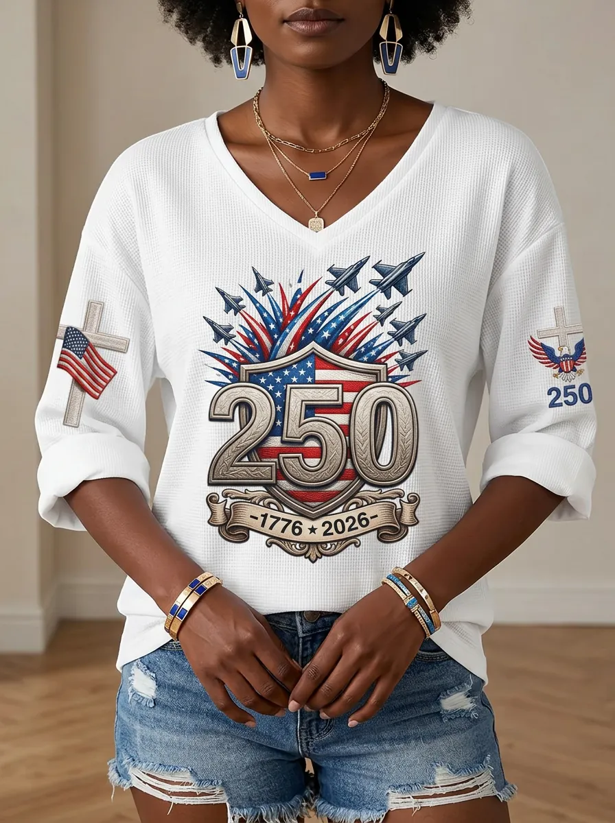 Women's USA 250th Anniversary Jet Fighter Cross Printed V-neck Top