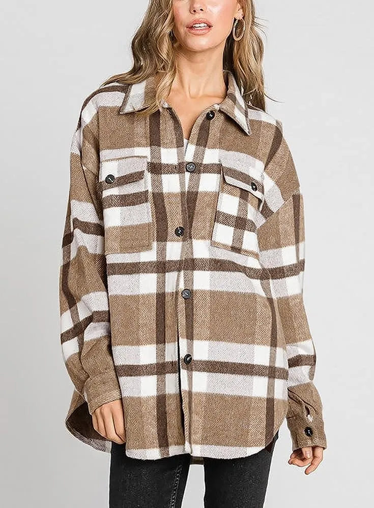 Women's Flannel Plaid Shacket Long Sleeve Button Down Chest Pocketed Shirts Jacket Coats