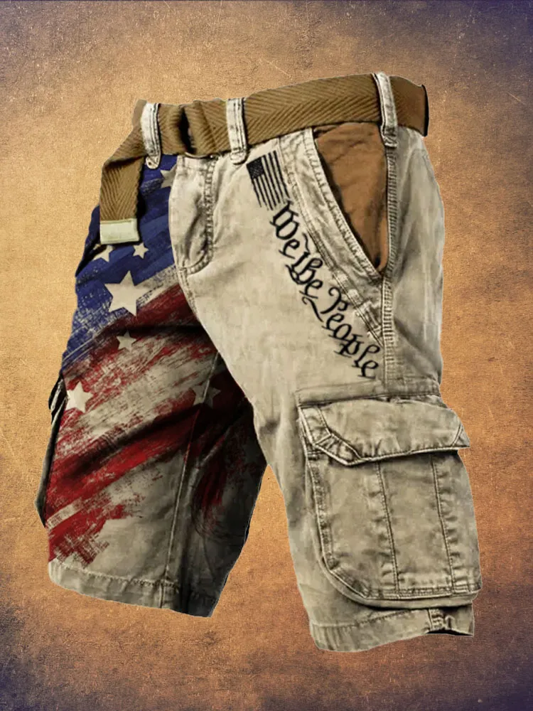 Men's Vintage Flag Independence Day We the People Print Cargo Shorts