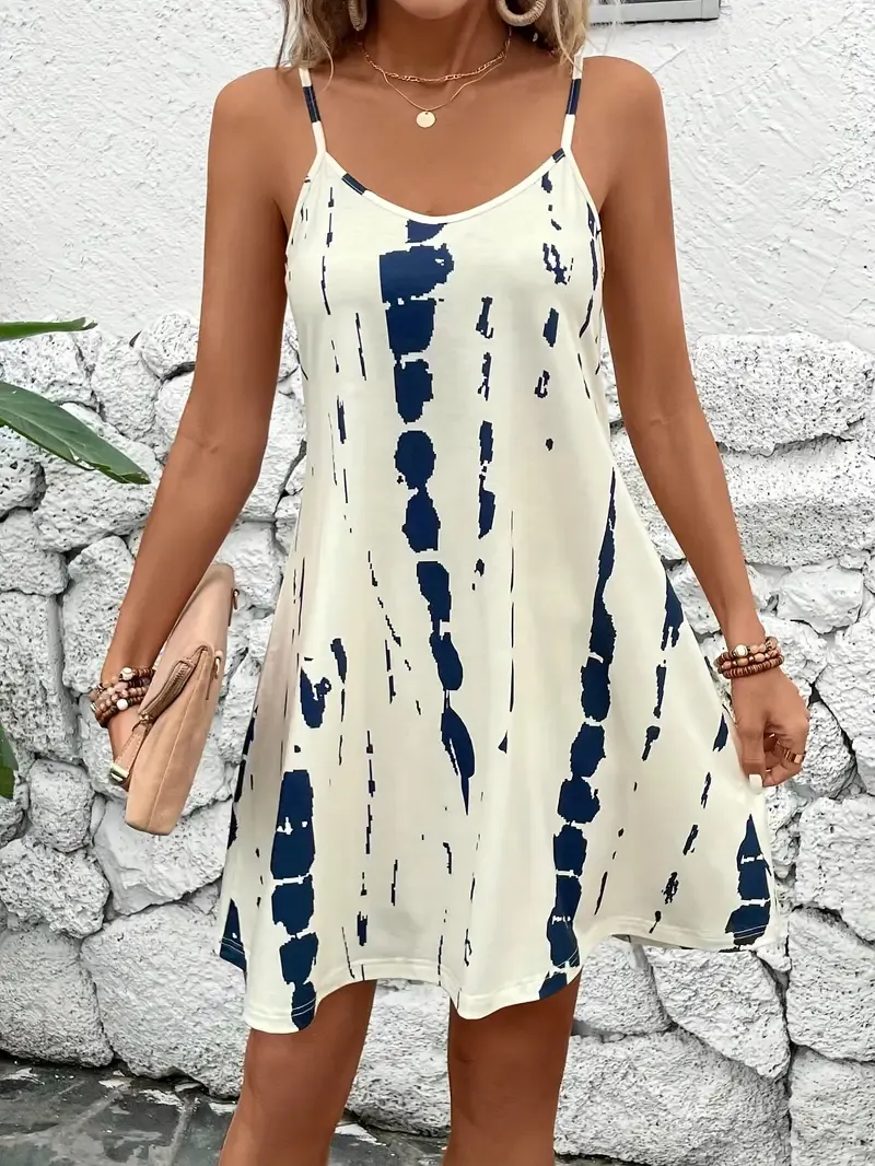 Tie Dye Spaghetti Strap Dress - Vacation Style Sleeveless Slip A-line Dress For Spring & Summer - Women's Clothing - For Women - Perfect for Casual Outings, Beachwear & Vacations - Ideal Gift for Summer Birthdays