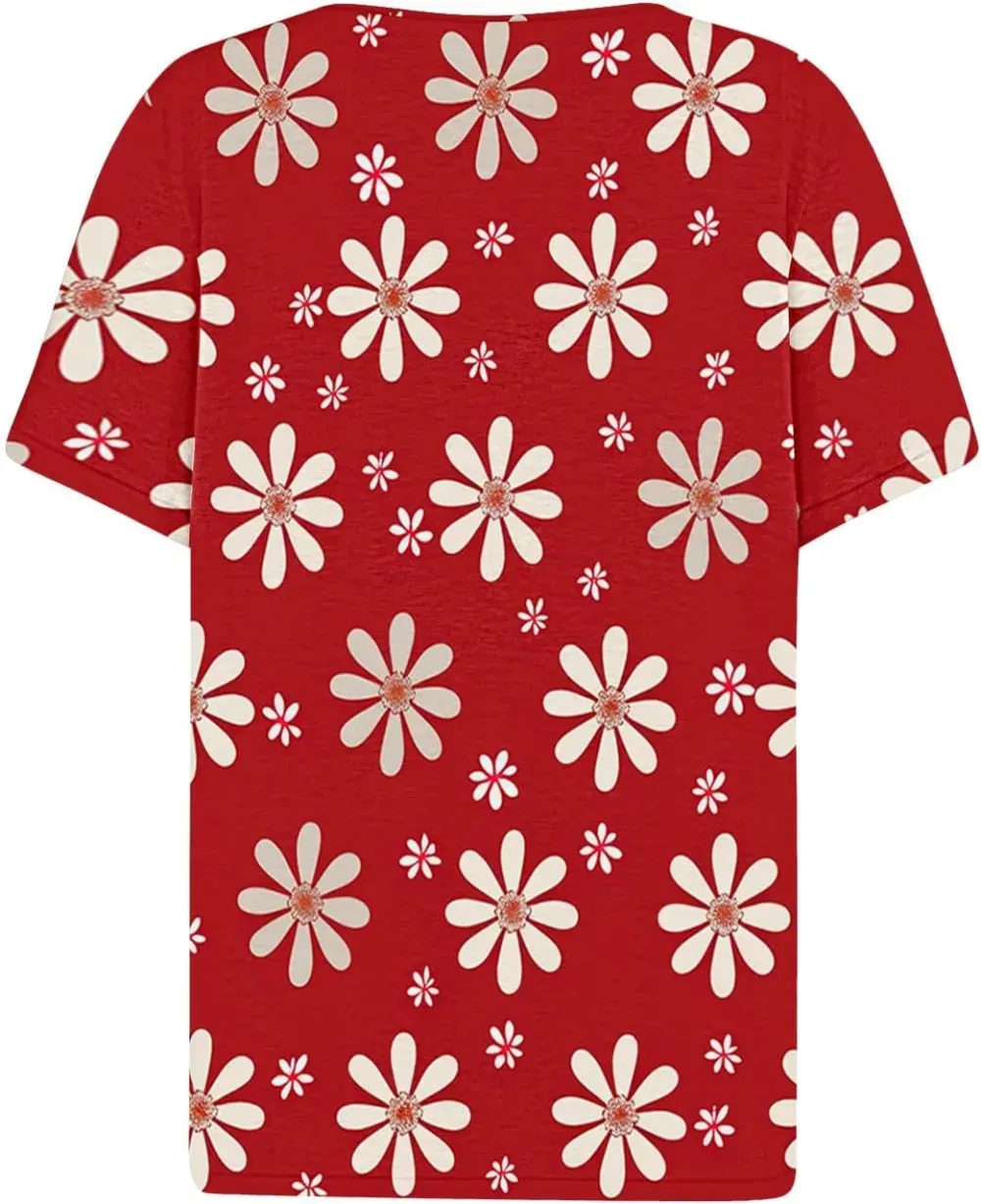 Shirts for Women Casual Printed Summer Tops Short-Sleeved Button V-Neck Tops Blouse Fashion Boho T-Shirts