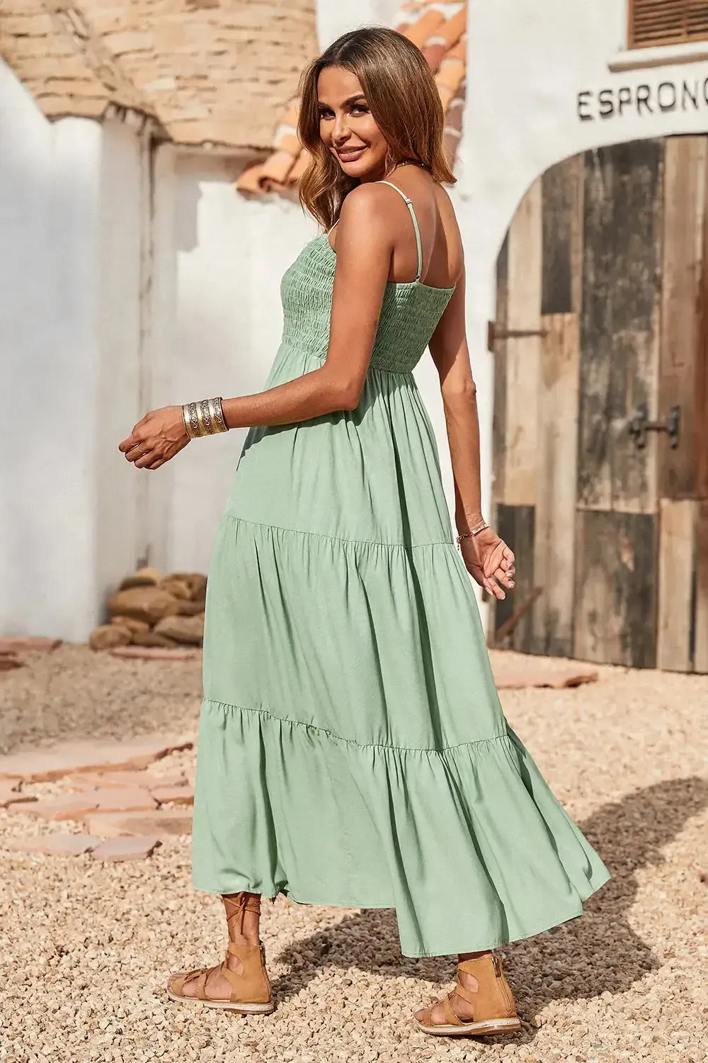 Sleeveless Spaghetti Strap Smocked Tiered Maxi Dress