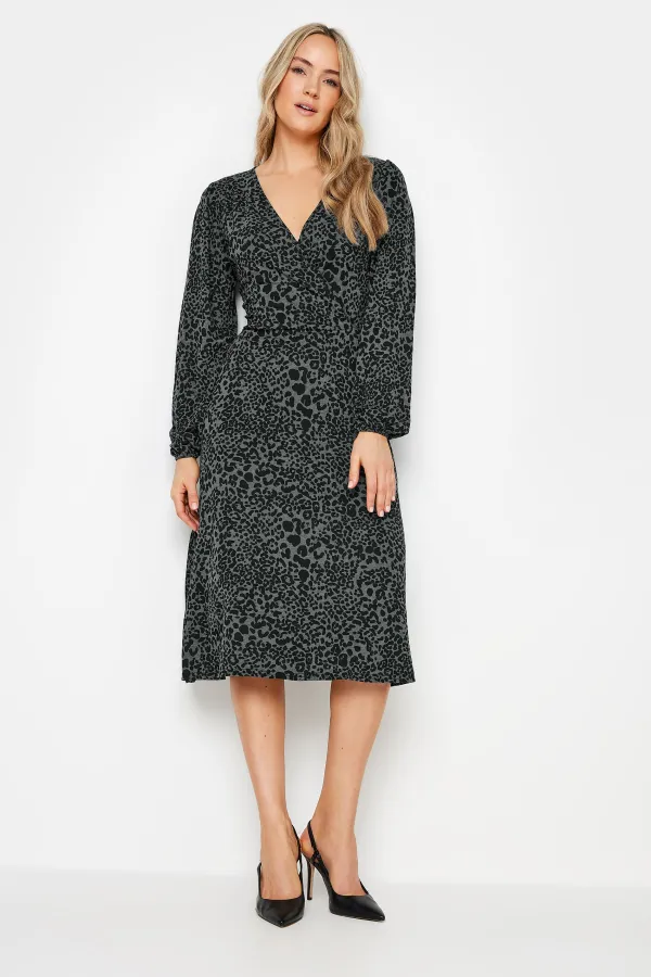 LTS Tall Charcoal Grey Leopard Print Midi Wrap Dress