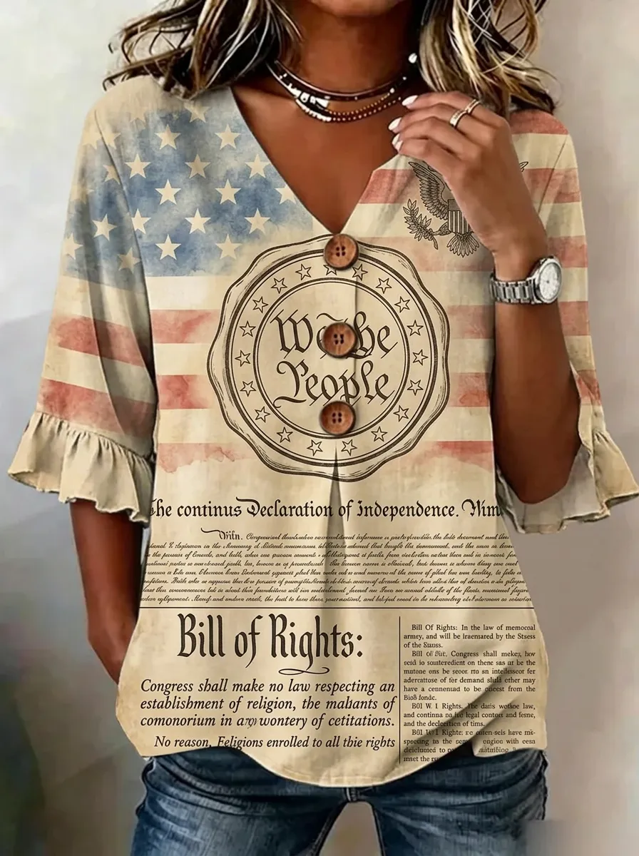 Women's Nashville Patriotic We The People Printed V-neck top