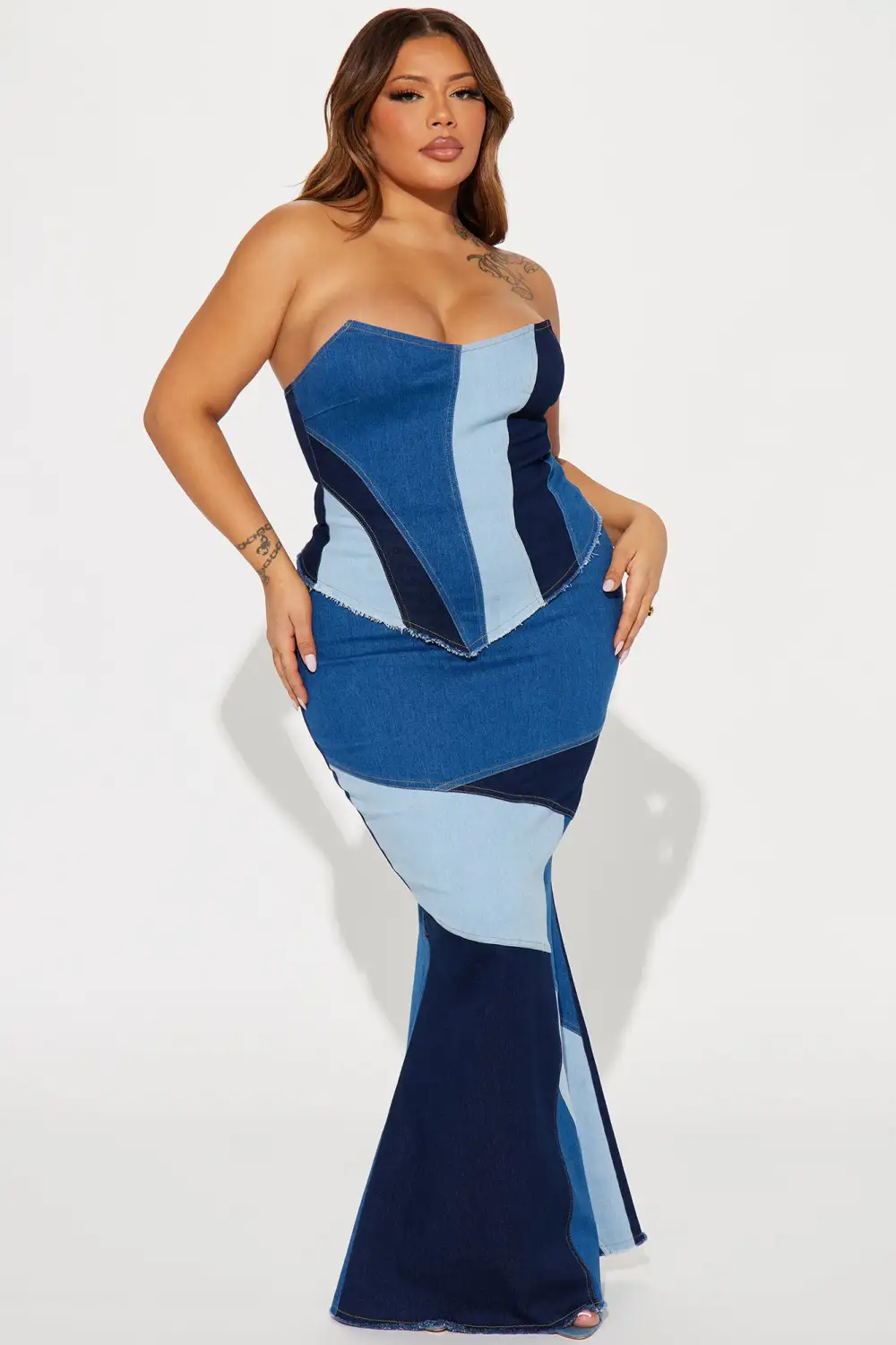 Kamari Denim Colorblock Skirt Set - Dark Wash