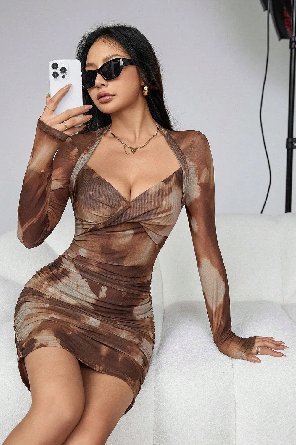 Random Printed Mesh Long Sleeve Dress