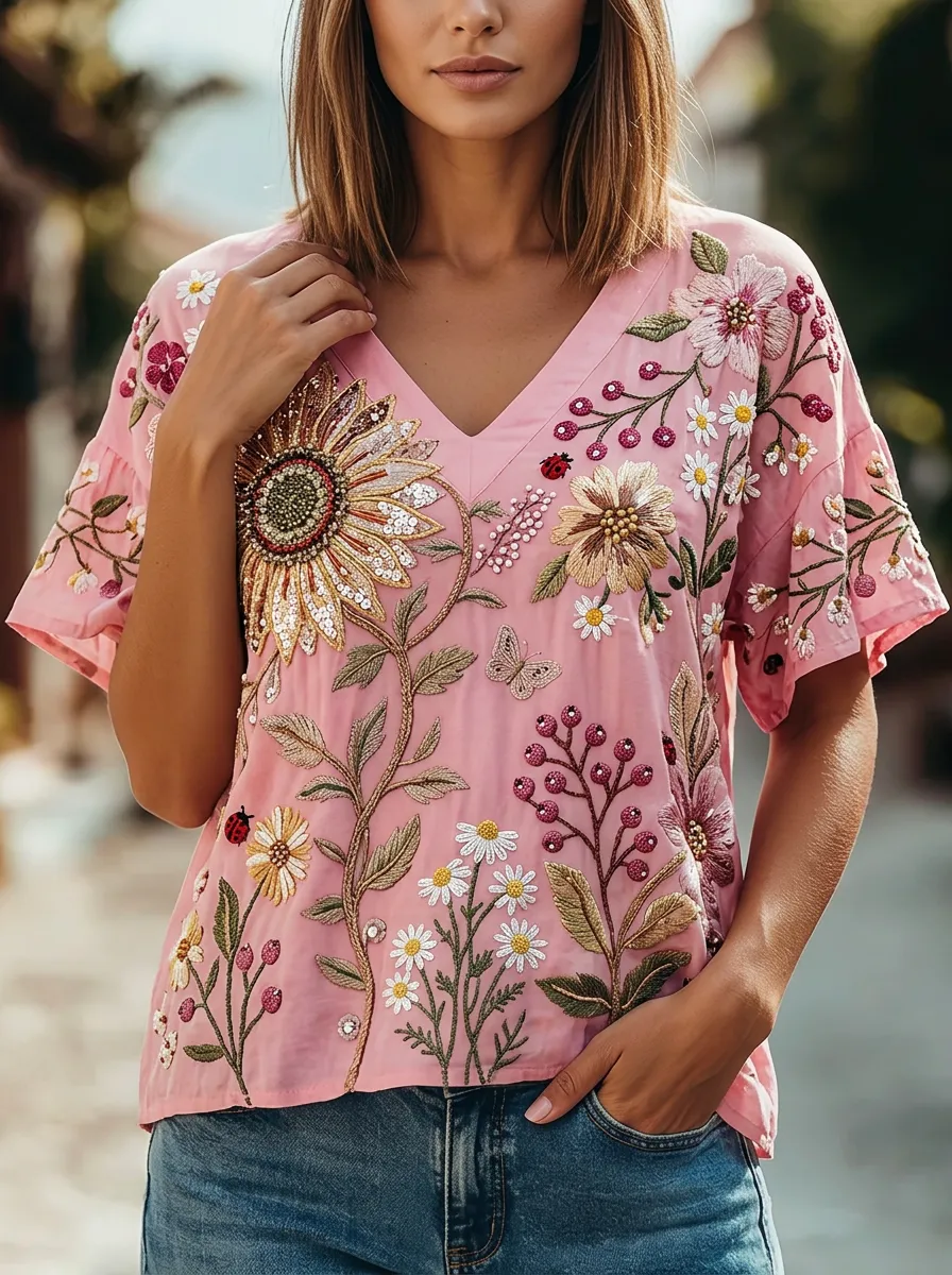 Women's Nashville Sunflower Floral Butterfly Printed Top