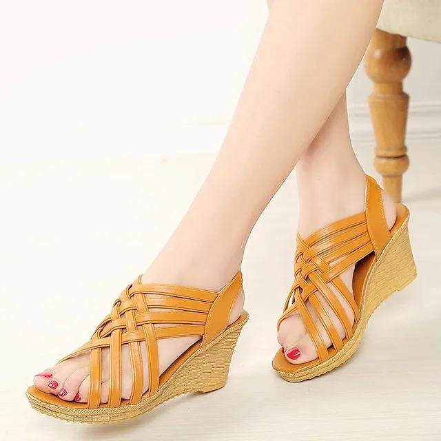 Women's Sandals Wedge Sandals Braided Sandals Party Daily Wedge Heel Open Toe Elegant Casual Faux Leather Elastic Band Braided Black White Brown