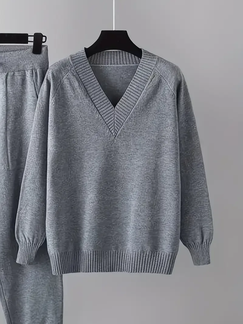 Women'S Knitwear Set, Casual V-Neck Long Sleeve Sweater and Solid Color Pants
