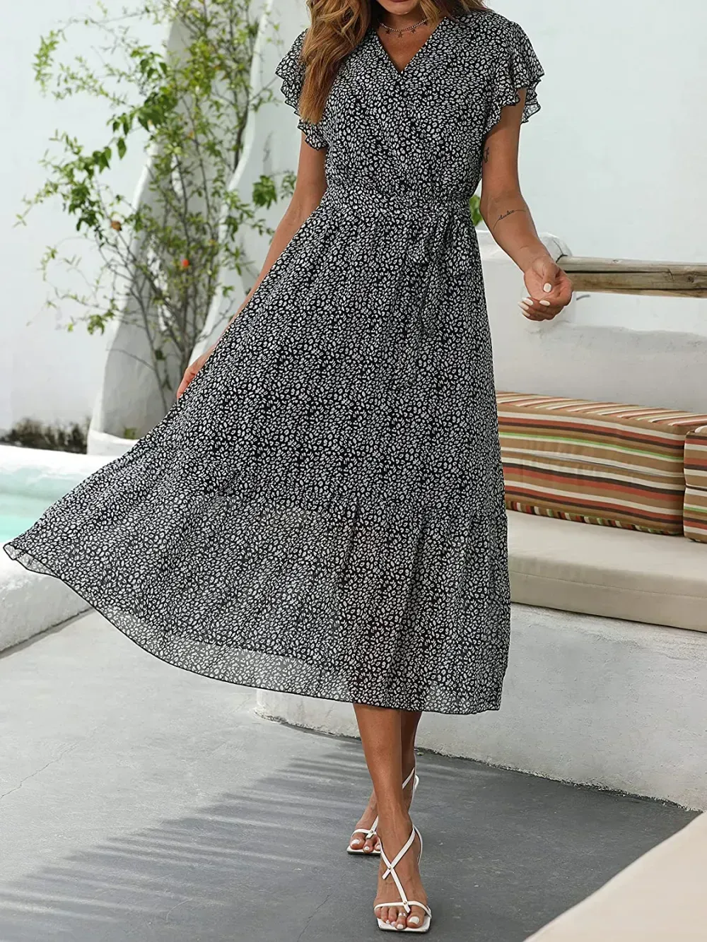 Women Summer Bohemian Floral Casual Wrap V Neck Ruffle Cap Sleeveless Belt A-Line Pleated Hem Swing Midi Sun Dress