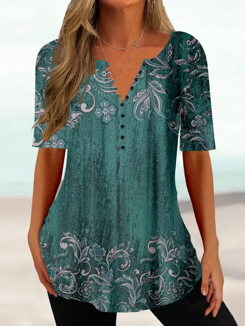 Women Half Sleeve V-neck Floral Printed Tops