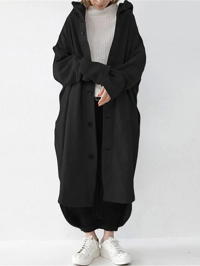 Women's Coat Street Fall Dusty Coat Casual Winter Windproof Long Coat with Pockets Regular Fit Warm Breathable Street Style Jacket Long Sleeve Plain Black Yellow Red