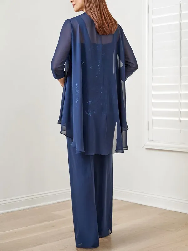 Suit Sequined Chiffon Embroidered Top + Chiffon Long Pants