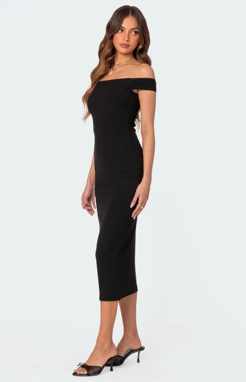 Edikted Kyla Off Shoulder Ribbed Midi Dress