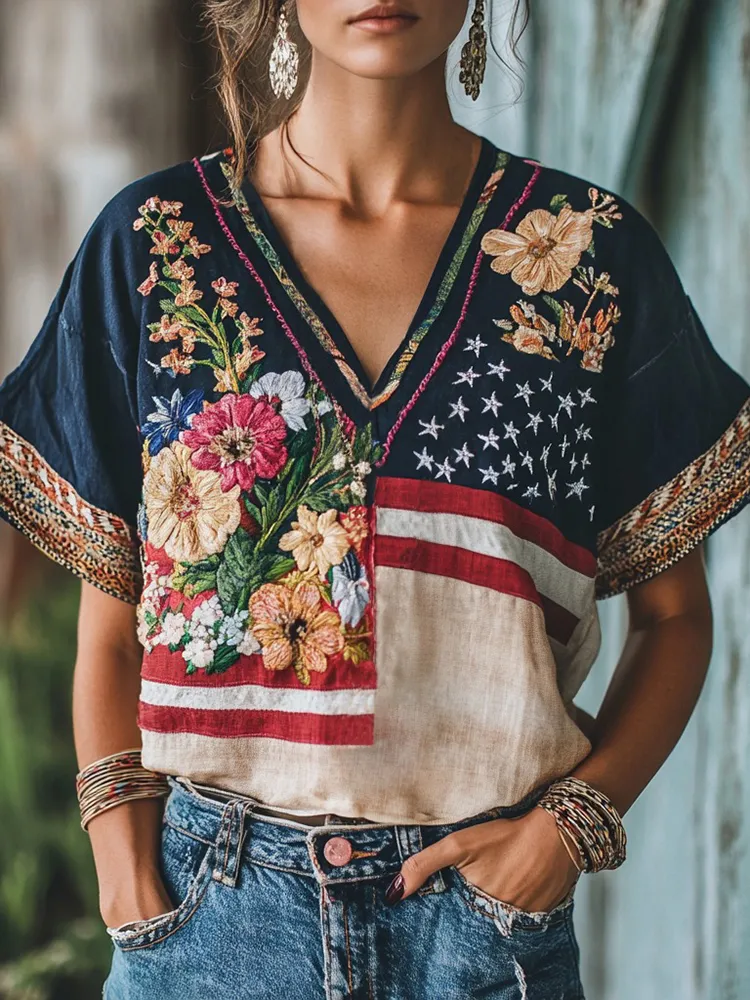 Women's Floral Embroidery Independence Day Flag Short Sleeve V Neck Casual Linen Top