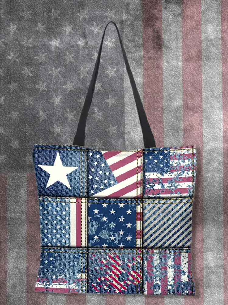 Independence Day Denim Patchwork Print Canvas Bag