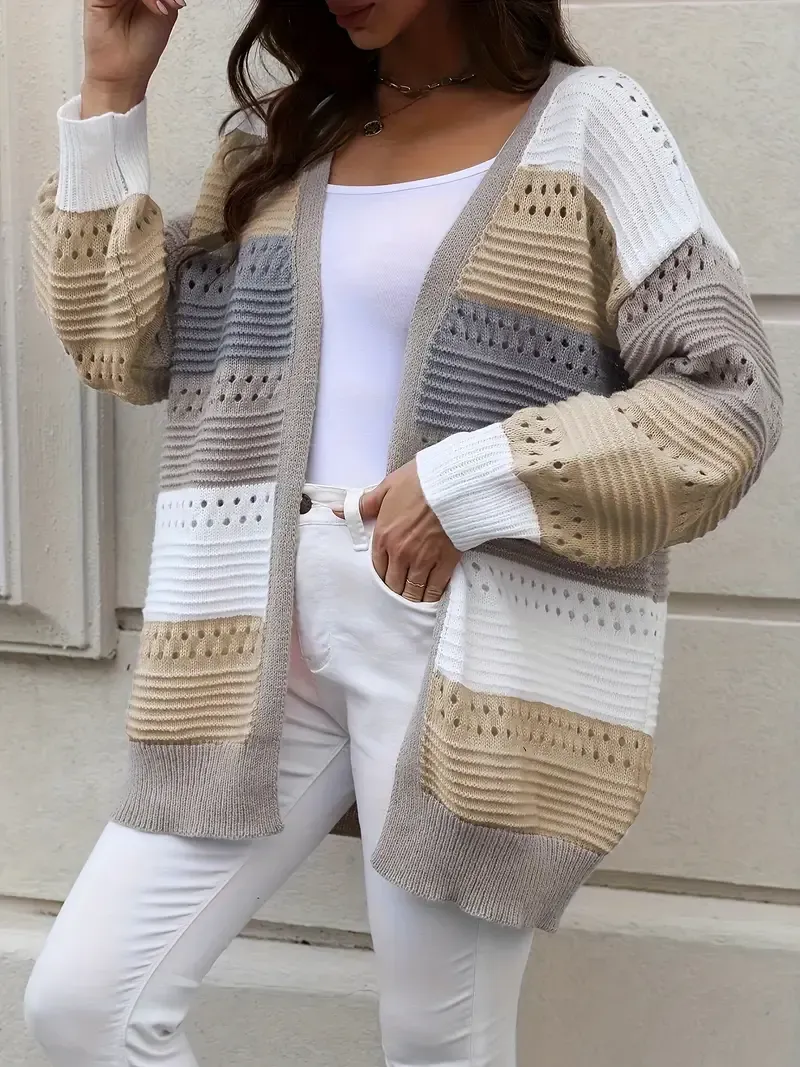 Casual Autumn Wear| Women's Plus Size Color Block Open Front Cardigan - Casual V-Neck, Eyelet Detail, Long Sleeve, Knit Sweater - Machine Washable, Polyester