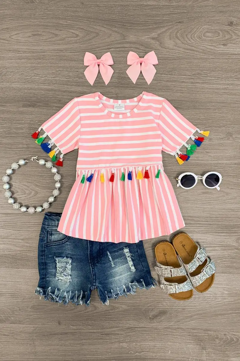 Pink Stripe Tassel Denim Short Set