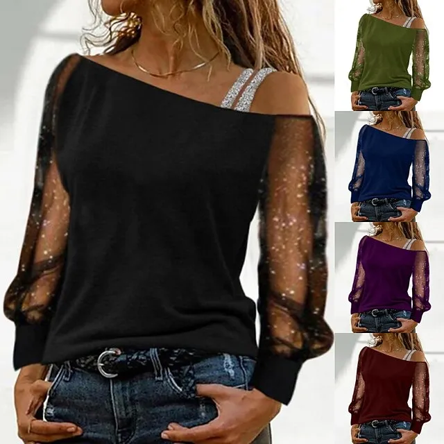 women‘s fashion clothing casual diagonal neck long sleeve top women sexy off shoulder loose t-shirt plus size