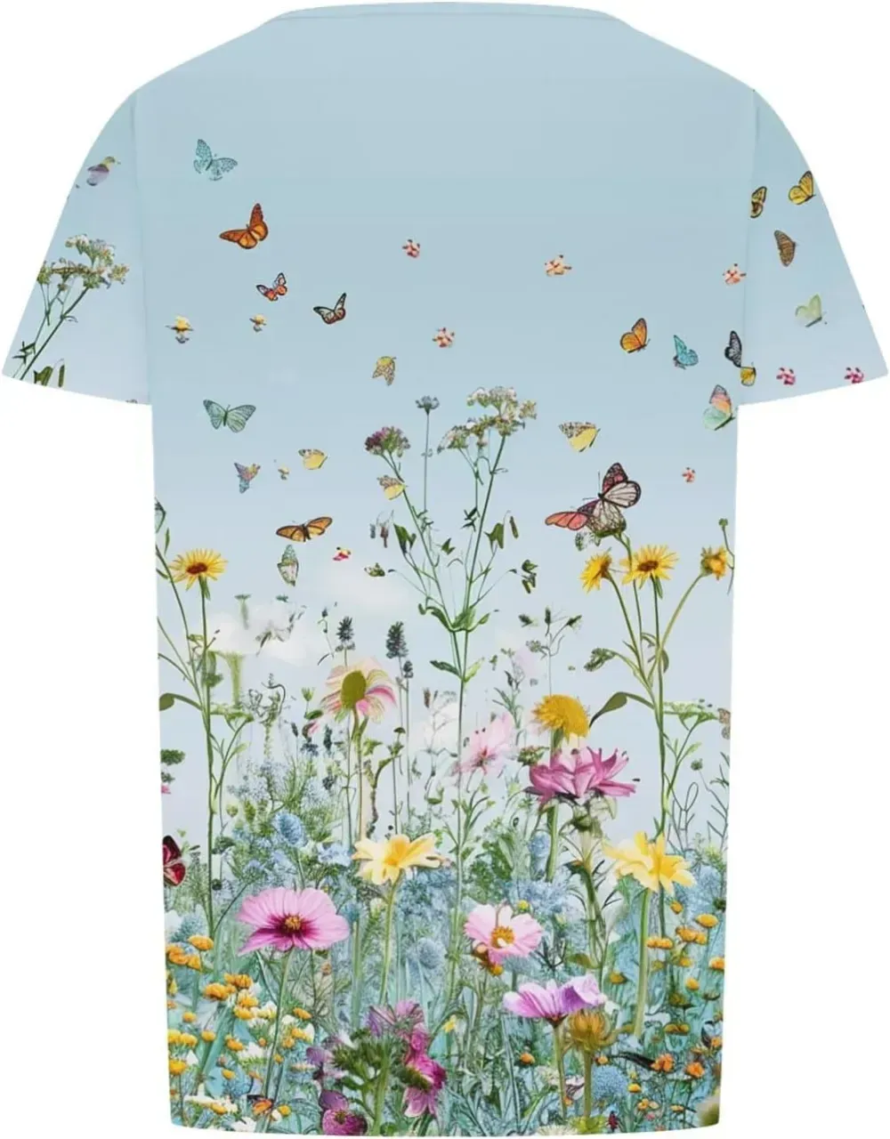 Womens Summer Pleated Front Shirts Tunics Casual Short Sleeved Loose Round Neck Boho Printed Tops Vacation Blouse