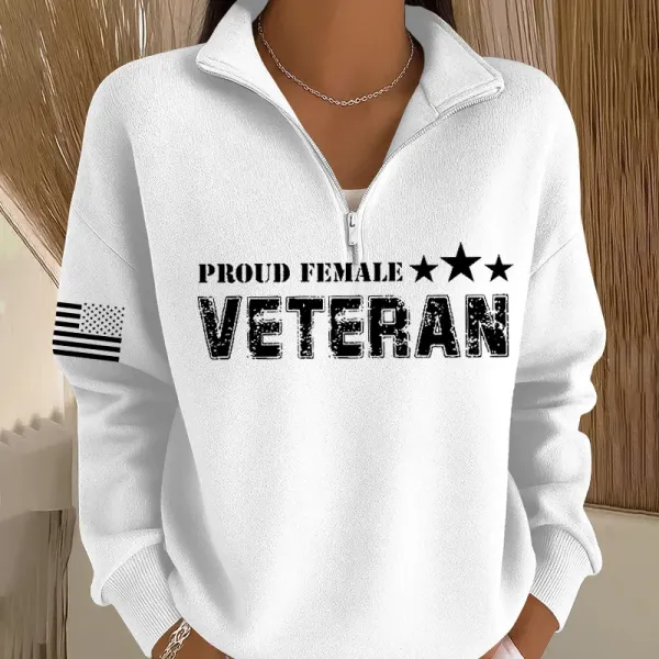 Women's Veteran Art Print Casual Zip-Up Sweatshirt