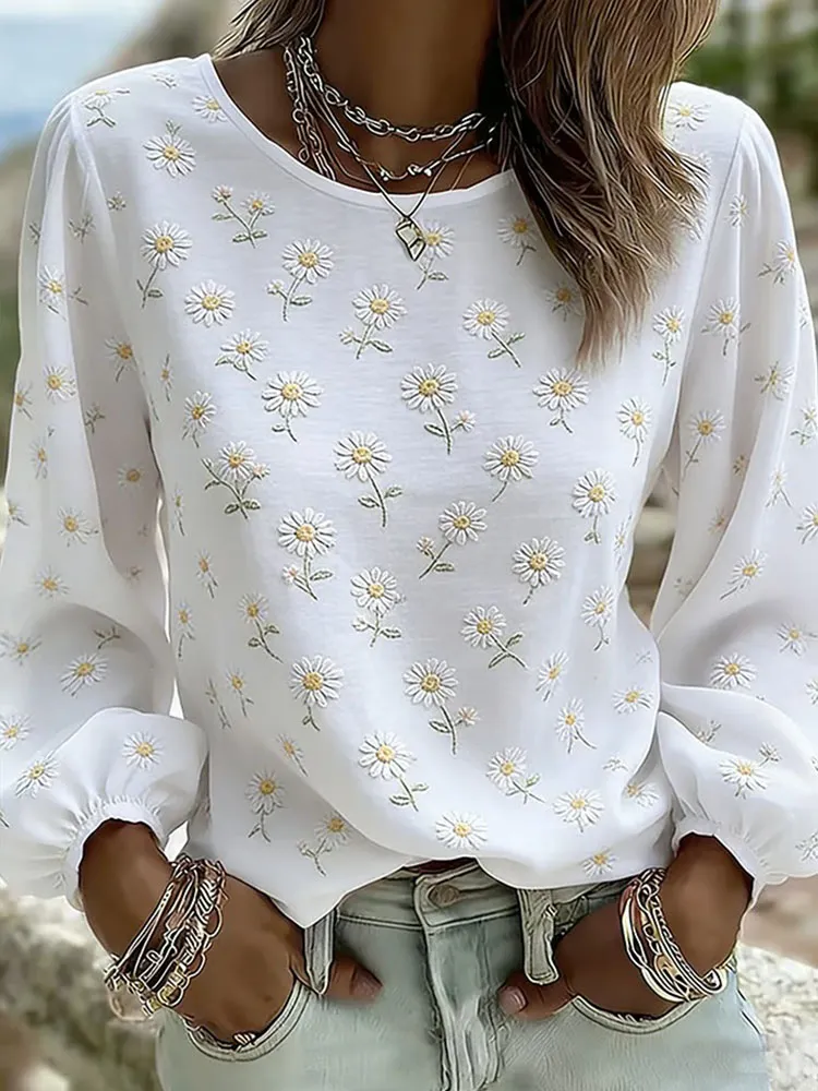 Women'S Floral Art Printed Casual Long Sleeved Shirt