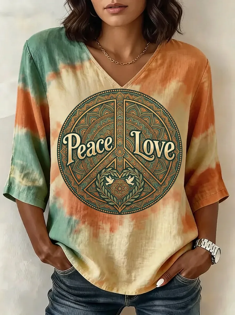 Women's Nashville Peace Love Mandala Printed V-Neck Top