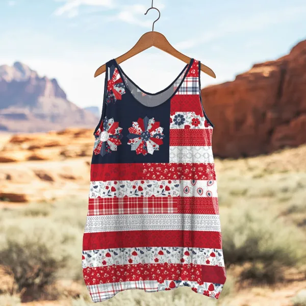 Women's Loose Independence Day American Beauty Flag Panel  Linen Sleeveless Tank Top