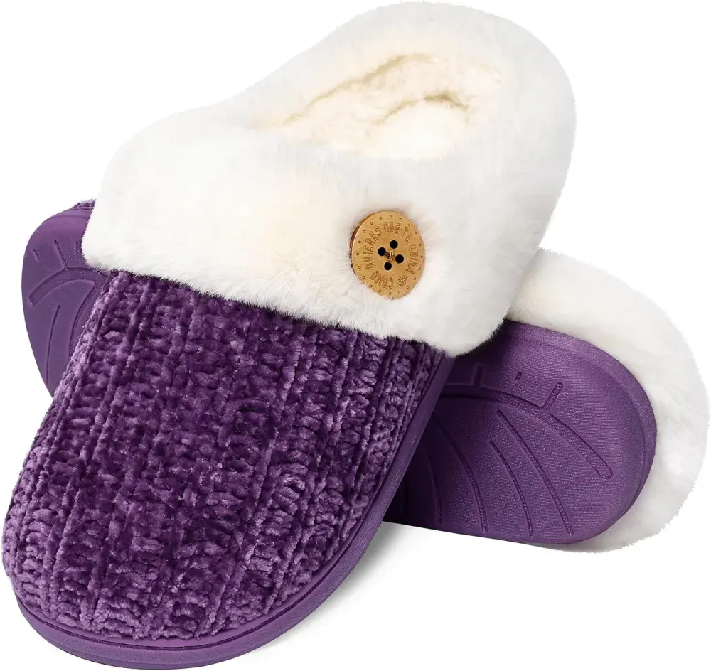 Warm Knit House Slippers for Women Comfy Wool-Like Lined Chenille Slippers with Memory Foam and Indoor Outdoor Soles