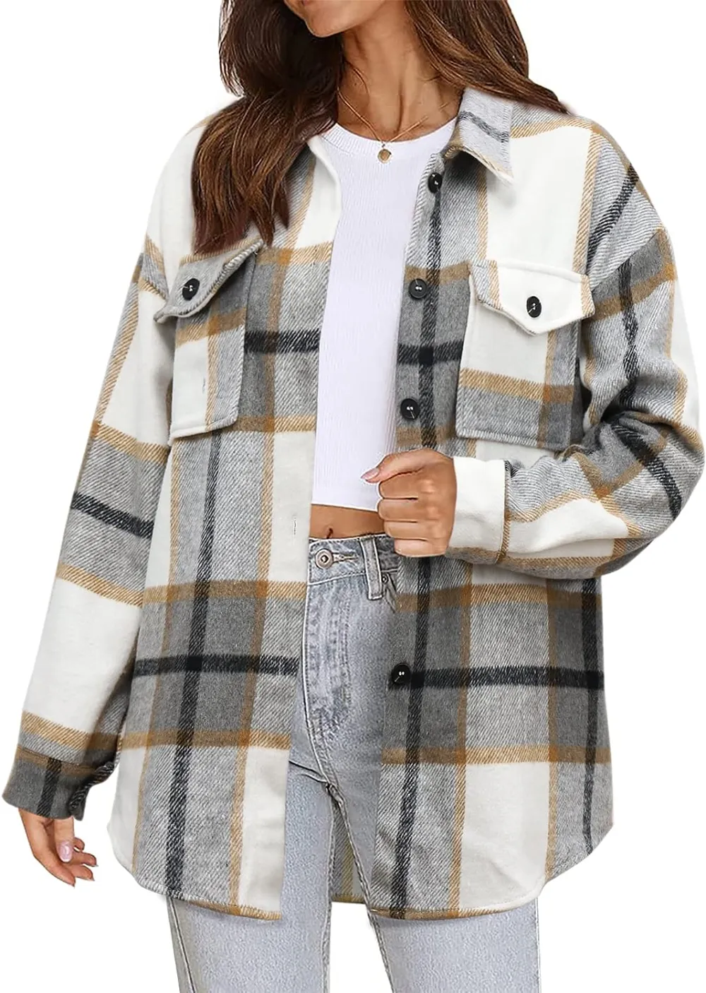 Women's Flannel Plaid Shacket Long Sleeve Button Down Chest Pocketed Shirts Jacket Coats