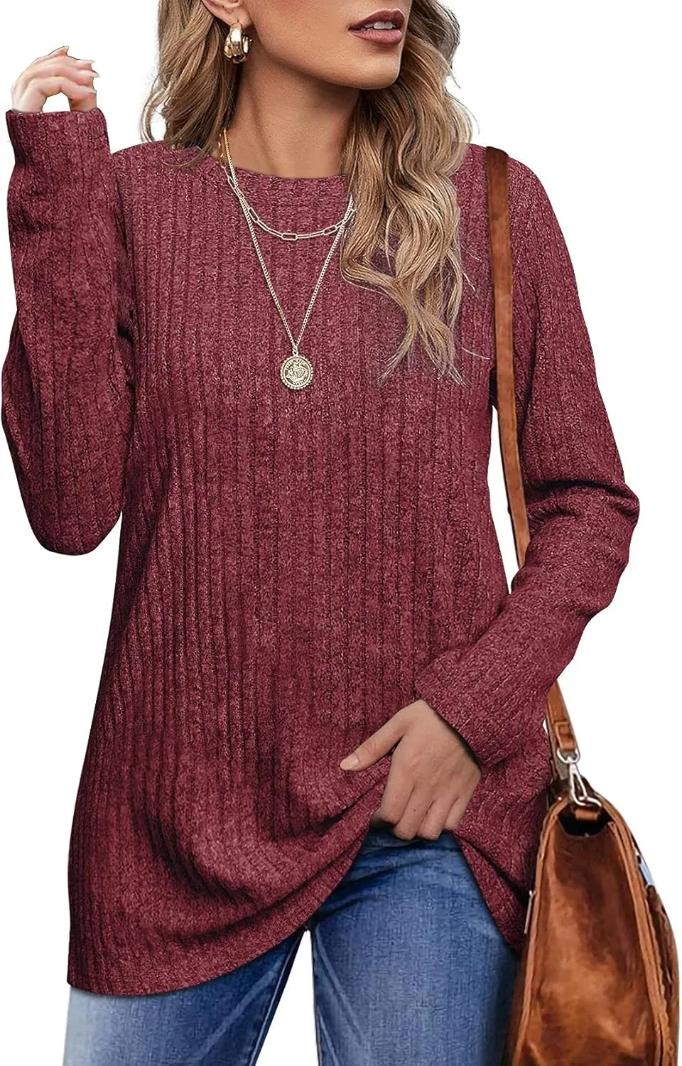 OFEEFAN Long Sleeve Shirts for Women Lightweight Crew Neck Casual Tunic Tops