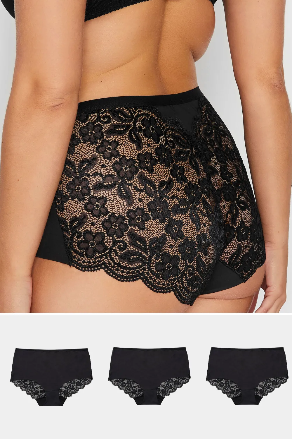 YOURS 3 PACK Curve Black Lace Full Briefs