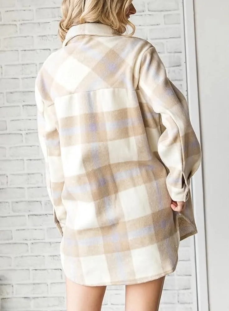 Women's Flannel Plaid Shacket Long Sleeve Button Down Chest Pocketed Shirts Jacket Coats