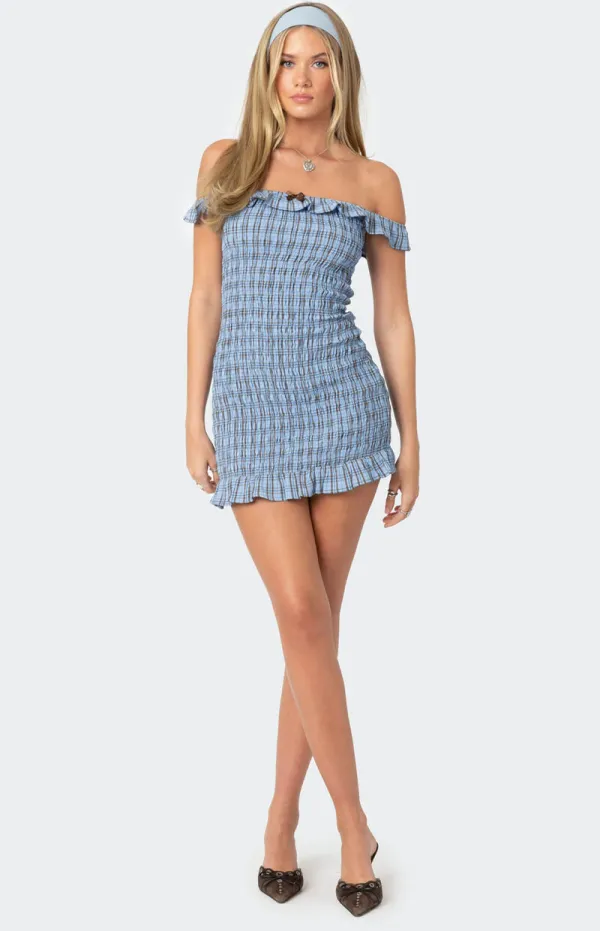 Edikted Off Shoulder Scrunched Plaid Mini Dress
