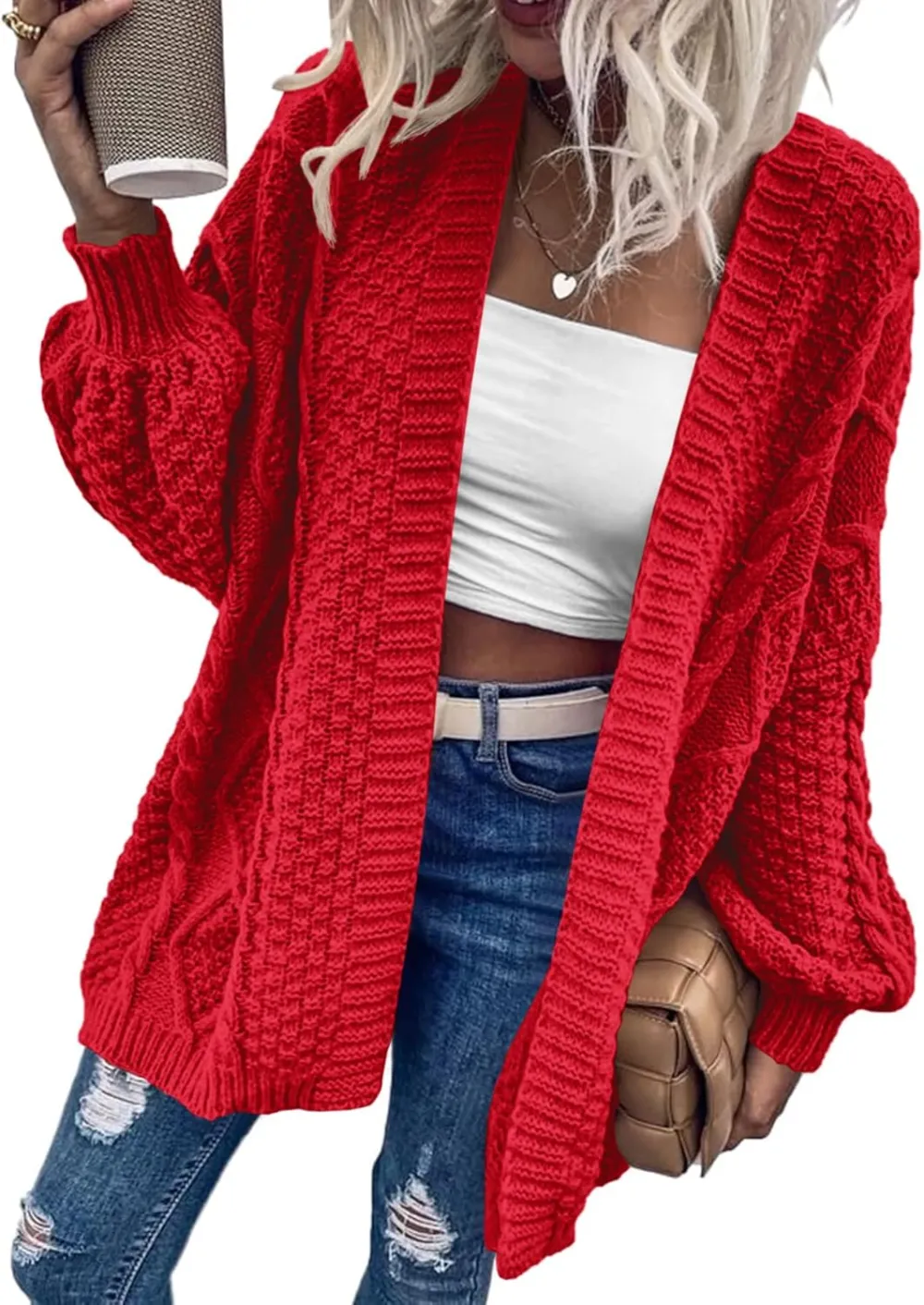 Dyexces Womens Oversized Cardigan Sweaters Open Front Cable Knit Lantern Long Sleeve Chunky Outwear Coats