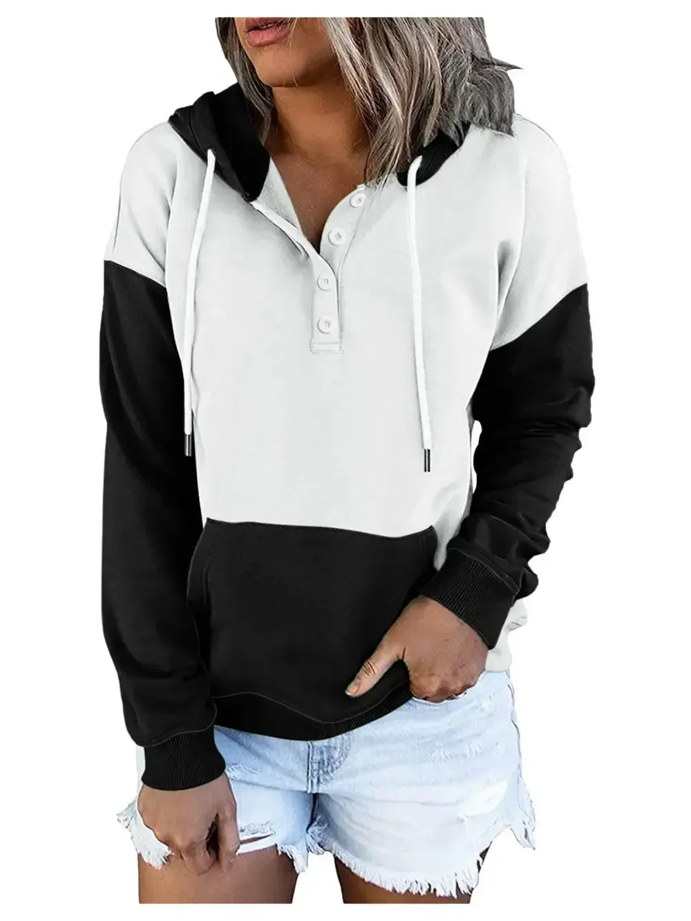 Women's Long sleeves V-neck Colorblock Stitching Hoodid Top