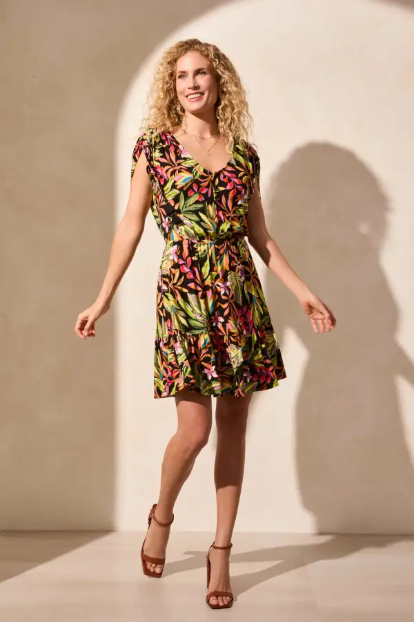 Printed Tie-Accent Cap-Sleeve V-Neck Dress-Melon