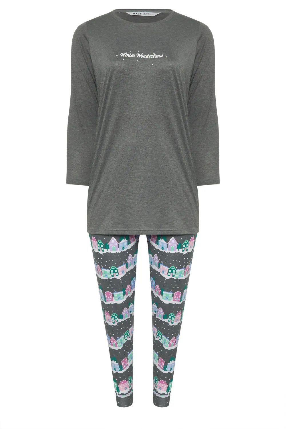 YOURS Curve Grey 'Winter Wonderland' Cuffed Pyjama Set