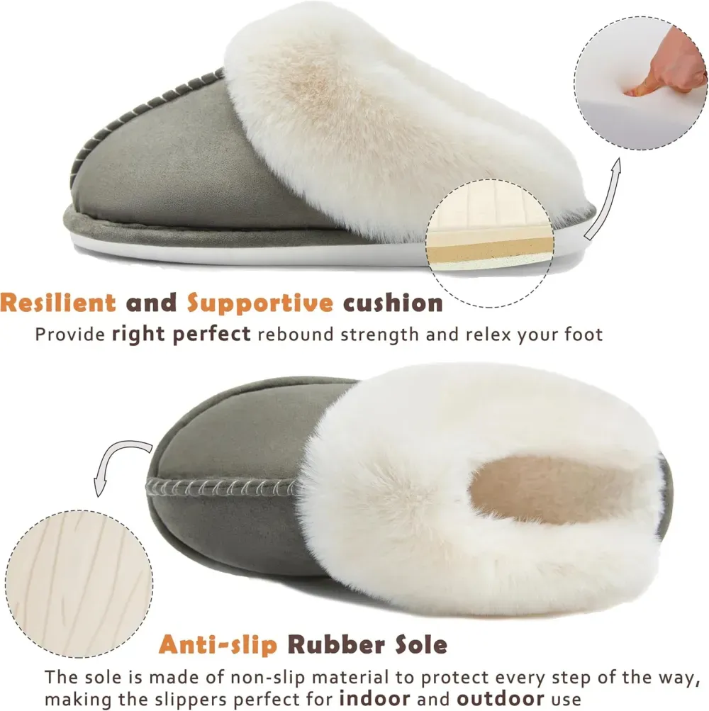 Womens Slipper with Memory Foam Fluffy Soft Warm Slip On House Slippers Anti-Skid Cozy Plush for Indoor Outdoor