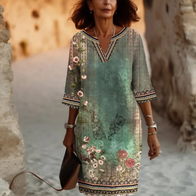 Women‘s Casual Dress Shift Dress Midi Dress Green Half Sleeve Floral Print Fall Spring Summer V Neck 2023 S M L XL XXL 3XL